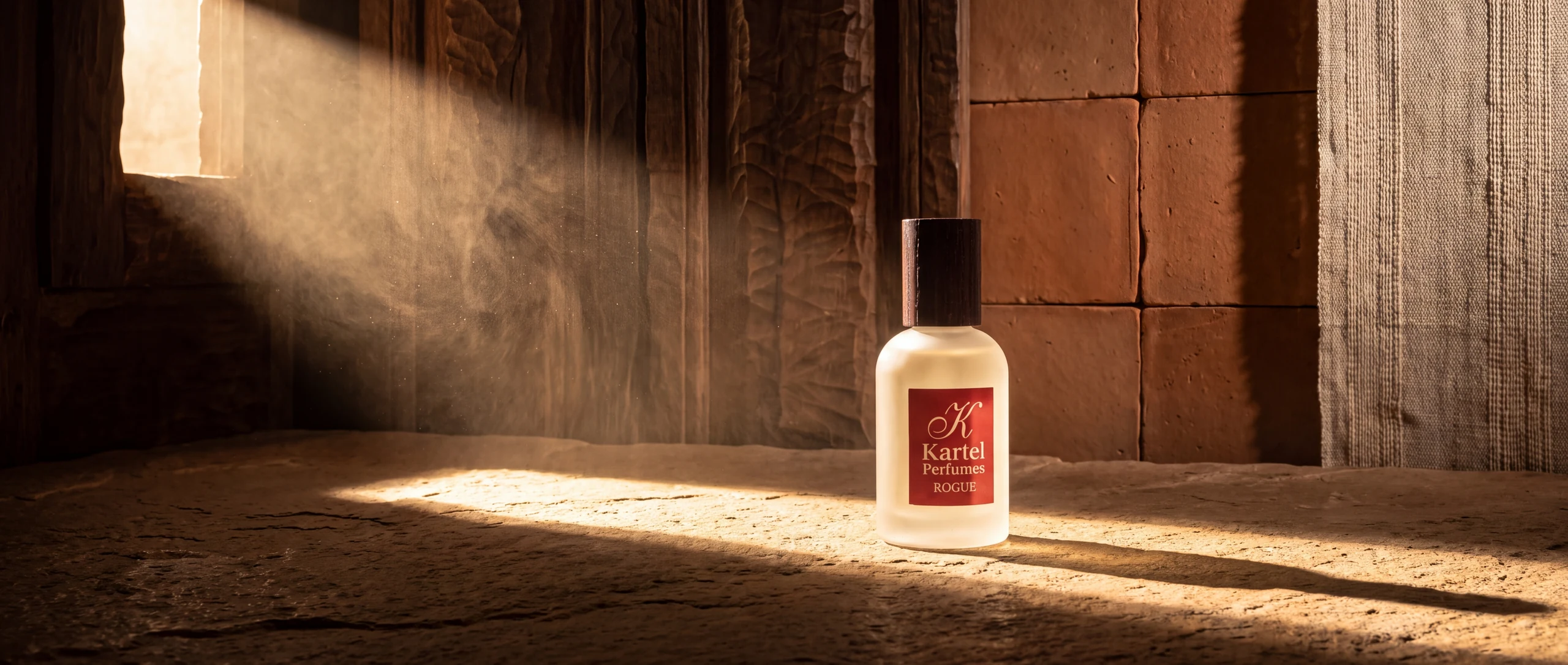 Rogue perfume bottle with frosted glass, a wooden cap and a red Kartel label.
